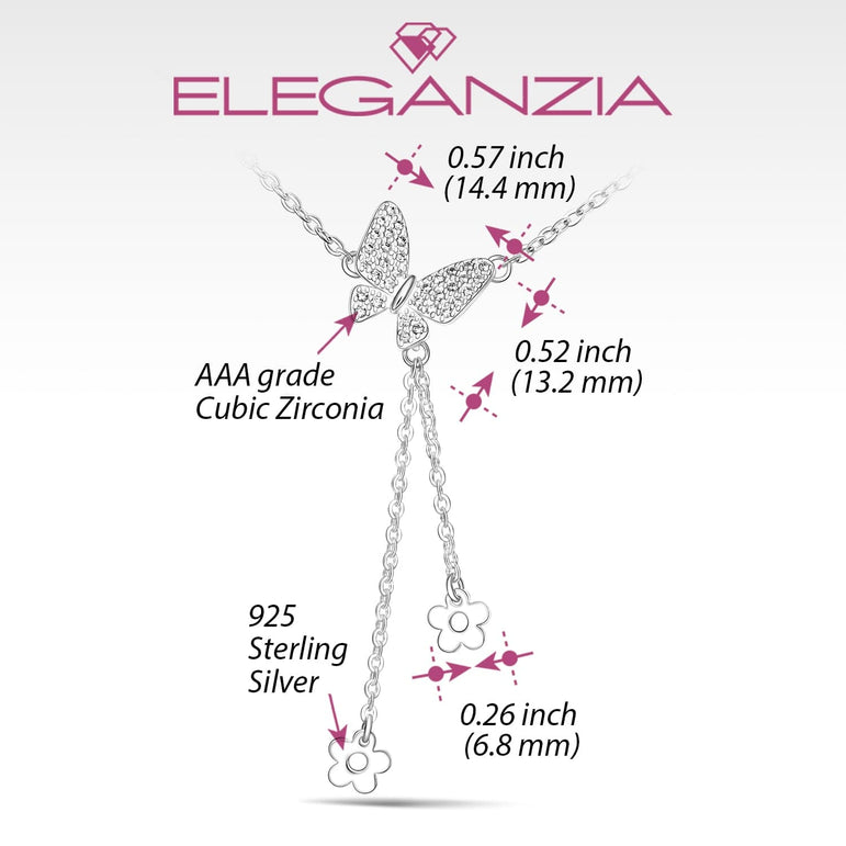 CZ Butterfly and Flower Drop Necklace Sterling Silver Pendant Necklace