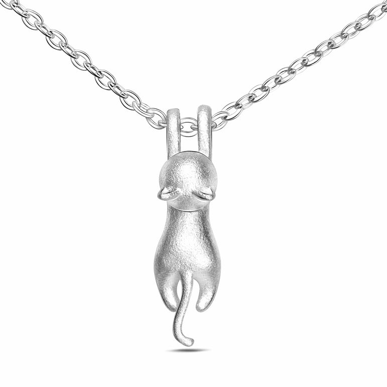Matte Hanging Cat Pendant Necklace Sterling Silver