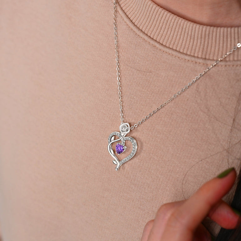 Sterling Silver Rose Heart Necklace with Purple CZ Pendant Necklace