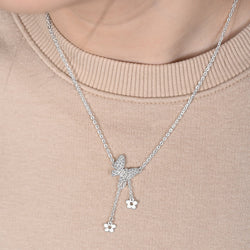 CZ Butterfly and Flower Drop Necklace Sterling Silver Pendant Necklace