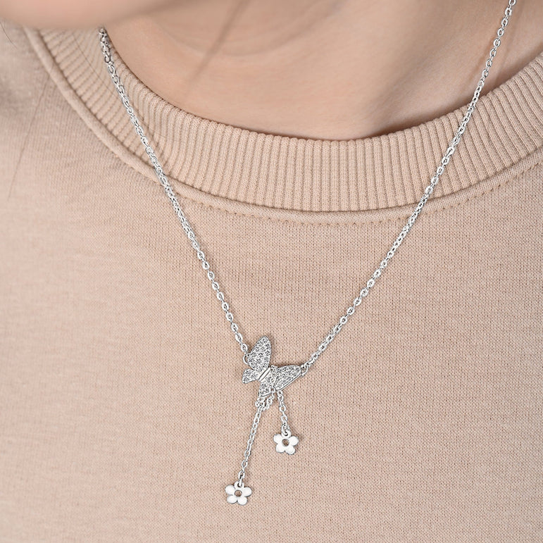 CZ Butterfly and Flower Drop Necklace Sterling Silver Pendant Necklace