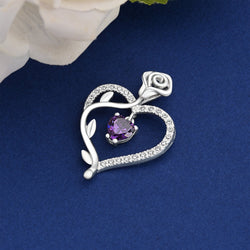 Sterling Silver Rose Heart Pendant with Purple CZ Pendant