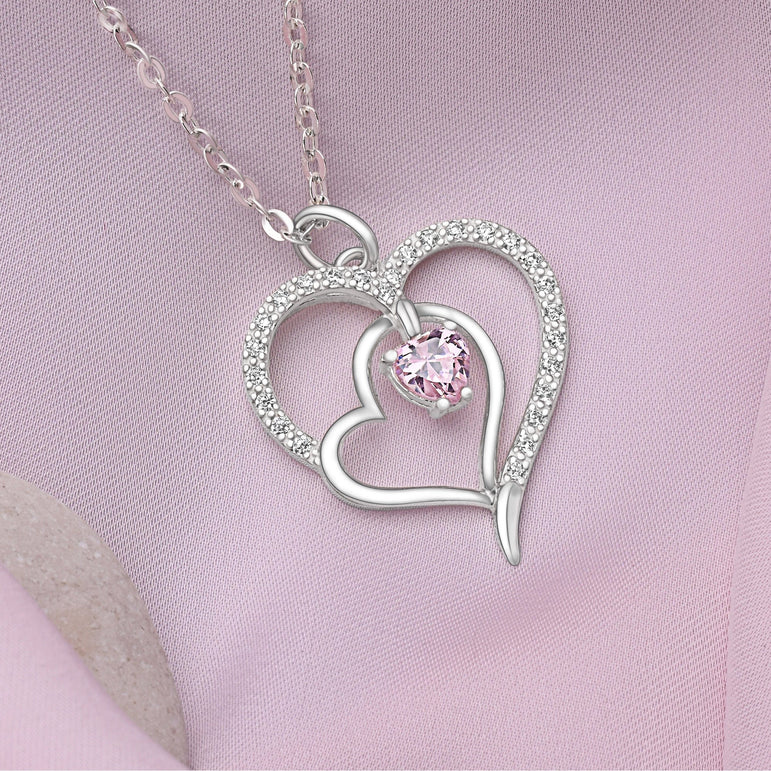 Triple Heart Necklace Sterling Silver with Pink CZ Pendant Necklace