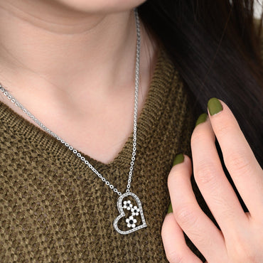 CZ Open Heart Flower Necklace Sterling Silver Pendant Necklace