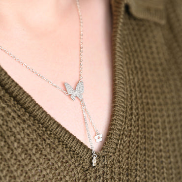 CZ Butterfly and Flower Drop Necklace Sterling Silver Pendant Necklace