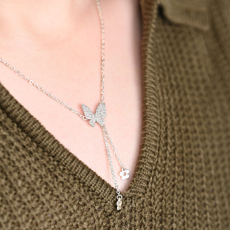 CZ Butterfly and Flower Drop Necklace Sterling Silver Pendant Necklace