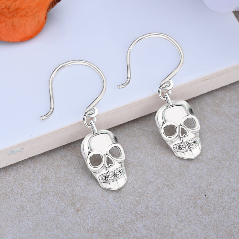 Spooky Skull Dangle Earrings Sterling Silver Drop Earrings