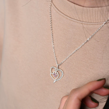 Triple Heart Necklace Sterling Silver with Pink CZ Pendant Necklace