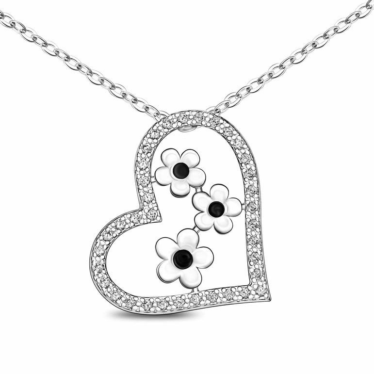 CZ Open Heart Flower Necklace Sterling Silver Pendant Necklace