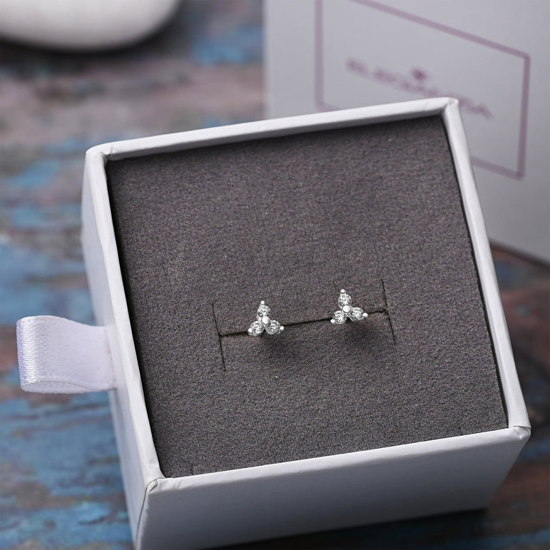 Three Petal Flower CZ Stud Earrings Sterling Silver Stud Earrings