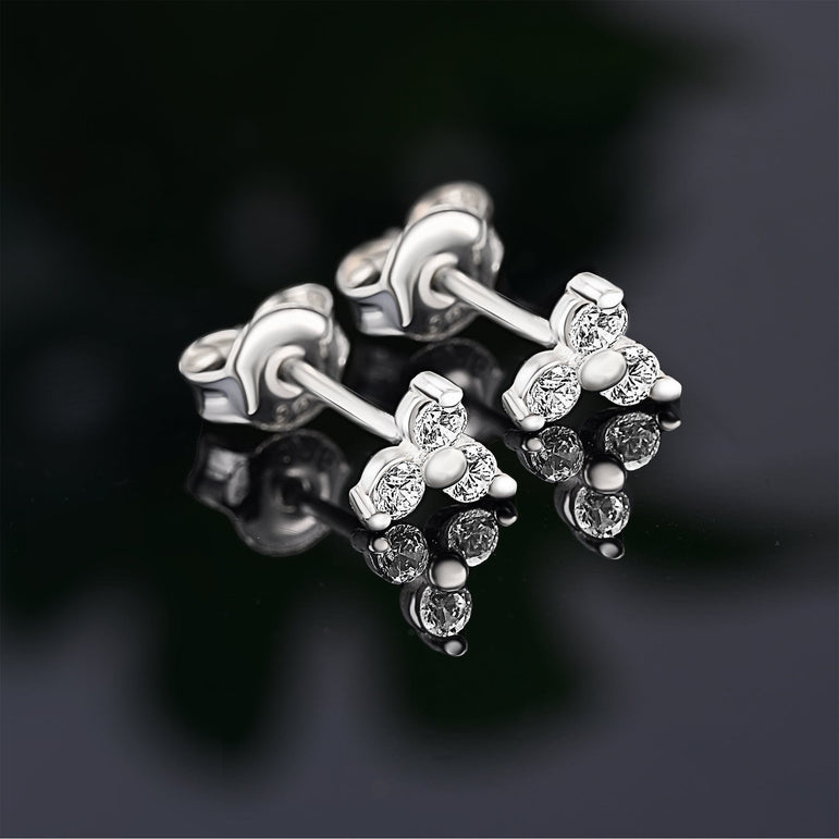 Three Petal Flower CZ Stud Earrings Sterling Silver Stud Earrings
