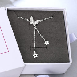 CZ Butterfly and Flower Drop Necklace Sterling Silver Pendant Necklace