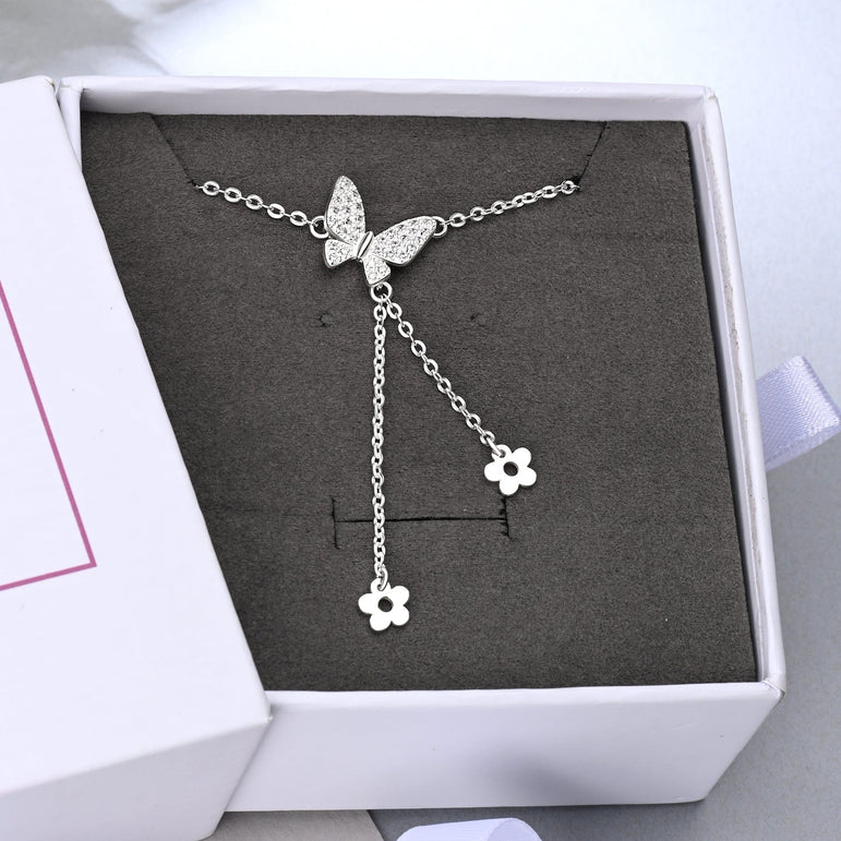 CZ Butterfly and Flower Drop Necklace Sterling Silver Pendant Necklace