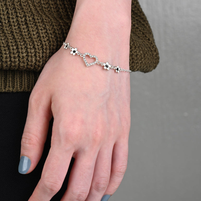 CZ Open Heart Flower Bracelet Sterling Silver Bracelet