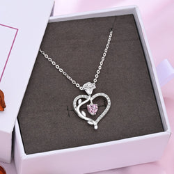Sterling Silver Rose Heart Necklace with Pink CZ Pendant Necklace