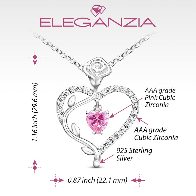 Sterling Silver Rose Heart Necklace with Pink CZ Pendant Necklace