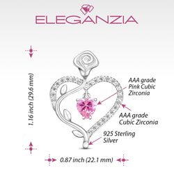 Sterling Silver Rose Heart Pendant with Pink CZ Pendant