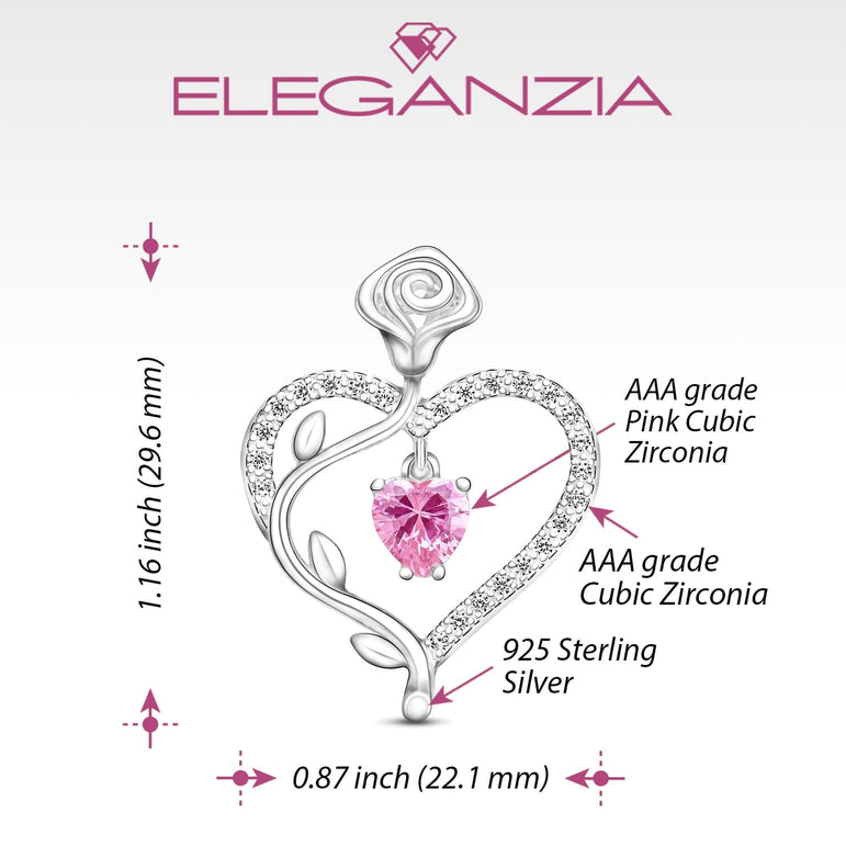 Sterling Silver Rose Heart Pendant with Pink CZ Pendant