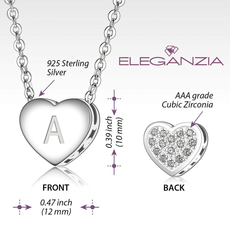 Love Heart Initial Necklace Silver, 18"-20" Pendant Necklace