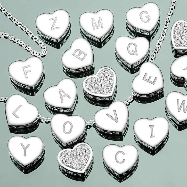 Love Heart Initial Necklace Silver, 18"-20" Pendant Necklace