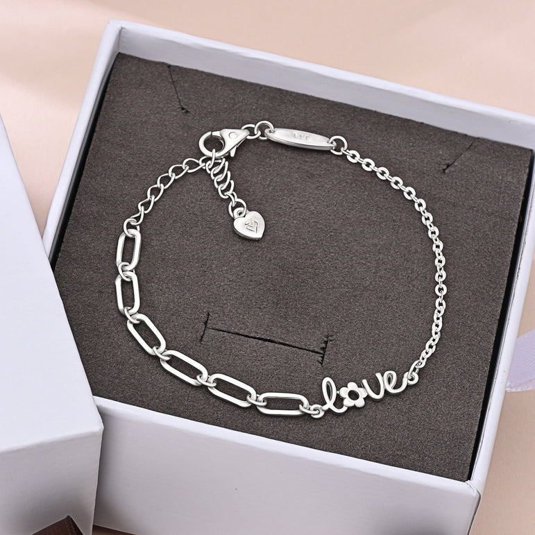 Cursive Love Link Chain Bracelet Sterling Silver Bracelet