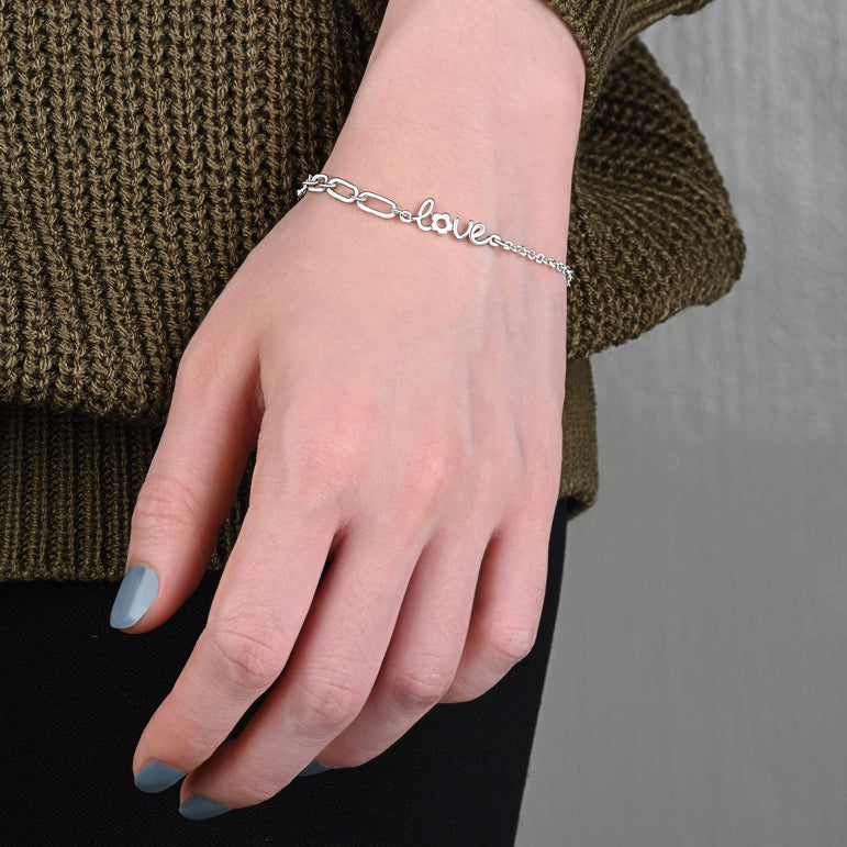 Cursive Love Link Chain Bracelet Sterling Silver Bracelet