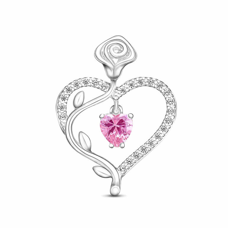 Sterling Silver Rose Heart Pendant with Pink CZ Pendant