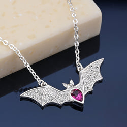 Red CZ Vampire Bat Necklace Sterling Silver Pendant Necklace