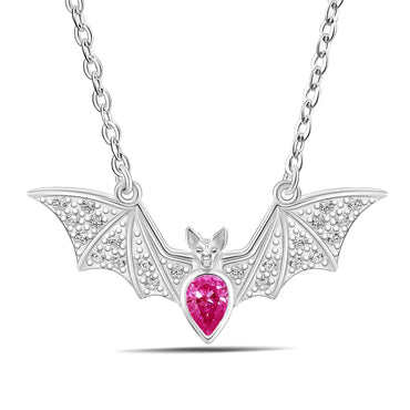 Red CZ Vampire Bat Necklace Sterling Silver Pendant Necklace