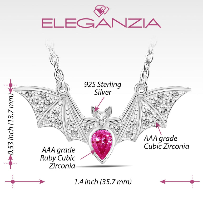 Red CZ Vampire Bat Necklace Sterling Silver Pendant Necklace