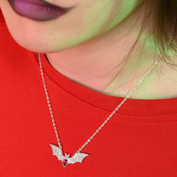 Red CZ Vampire Bat Necklace Sterling Silver Pendant Necklace