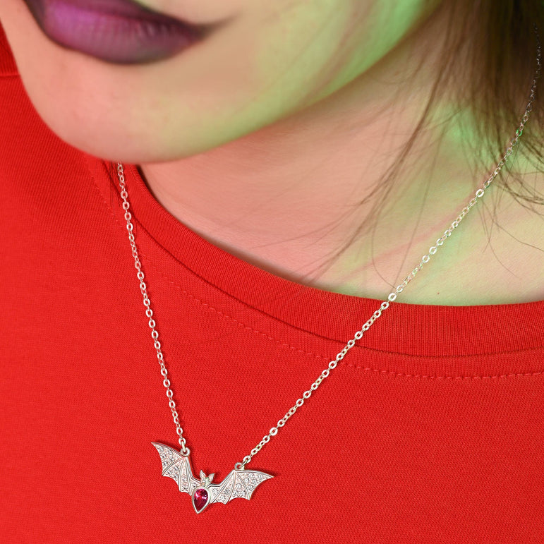 Red CZ Vampire Bat Necklace Sterling Silver Pendant Necklace