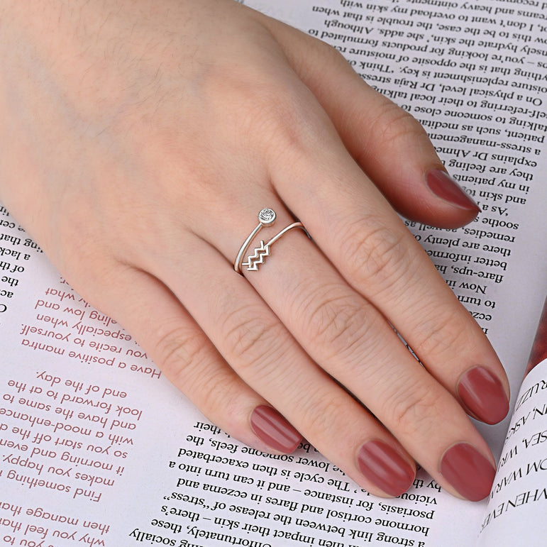 Aquarius Ring Sterling Silver Adjustable Zodiac Sign Ring Ring