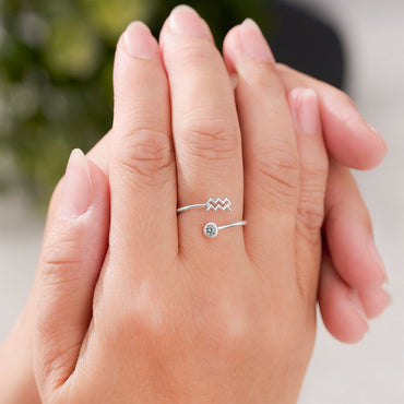 Aquarius Ring Sterling Silver Adjustable Zodiac Sign Ring Ring