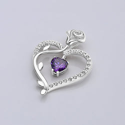 Sterling Silver Rose Heart Pendant with Purple CZ Pendant