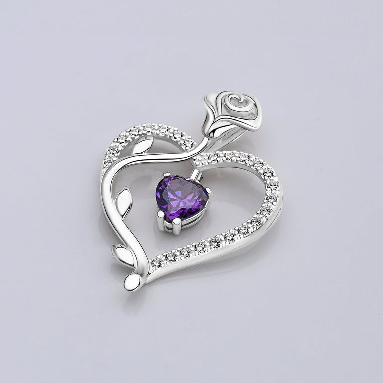 Sterling Silver Rose Heart Pendant with Purple CZ Pendant