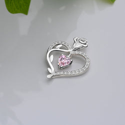 Sterling Silver Rose Heart Pendant with Pink CZ Pendant