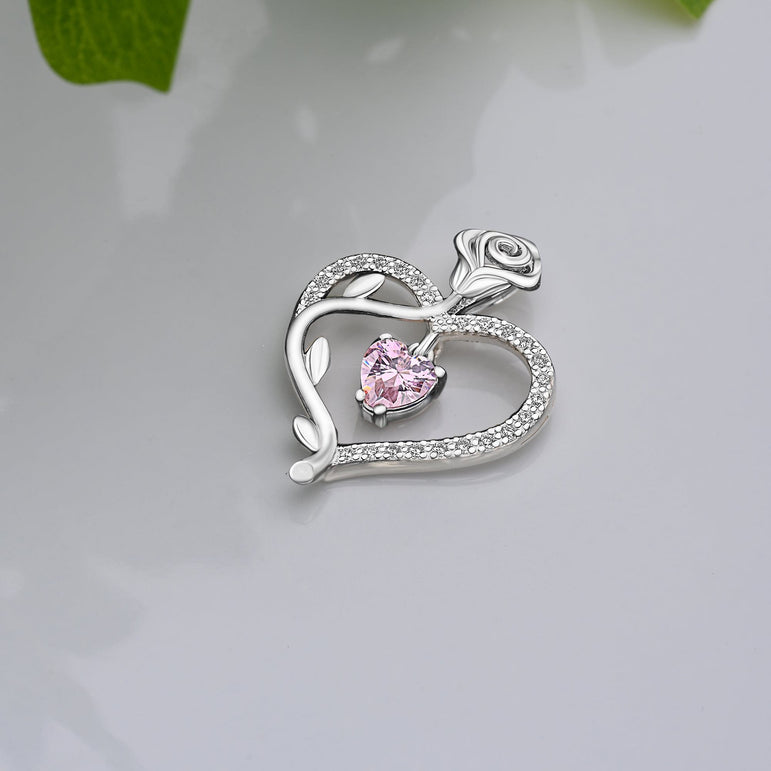 Sterling Silver Rose Heart Pendant with Pink CZ Pendant