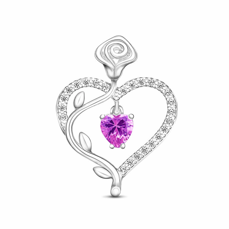 Sterling Silver Rose Heart Pendant with Purple CZ Pendant