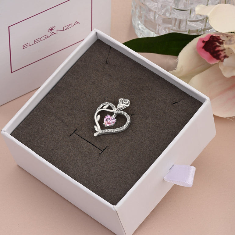 Sterling Silver Rose Heart Pendant with Pink CZ Pendant