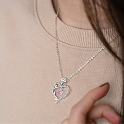 Sterling Silver Rose Heart Necklace with Pink CZ Pendant Necklace