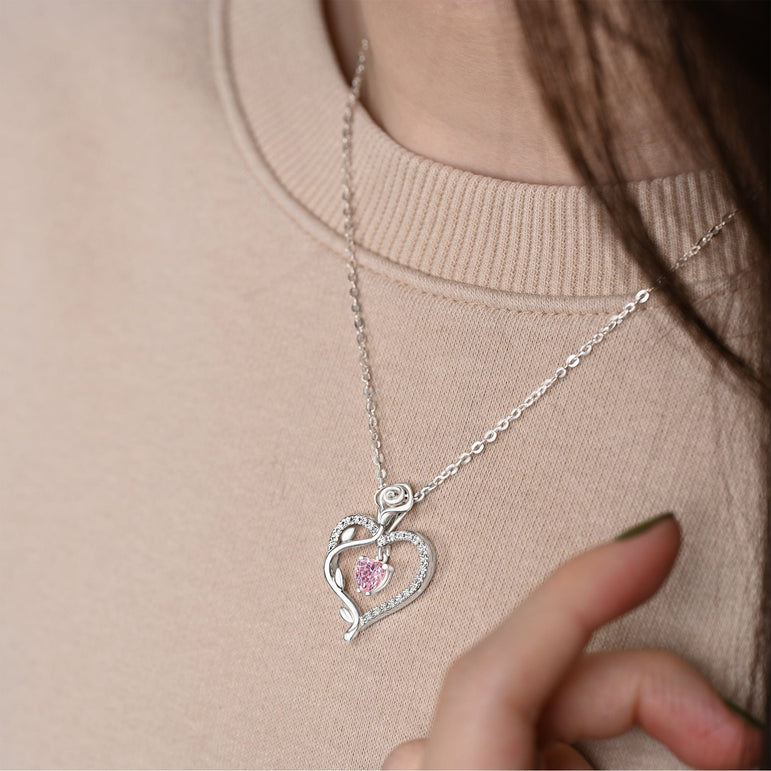 Sterling Silver Rose Heart Necklace with Pink CZ Pendant Necklace