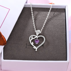 Sterling Silver Rose Heart Necklace with Purple CZ Pendant Necklace