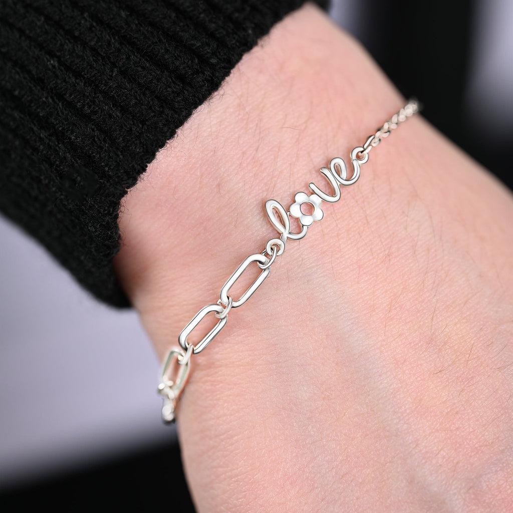 Cursive Love Link Chain Bracelet Sterling Silver Eleganzia Jewelry
