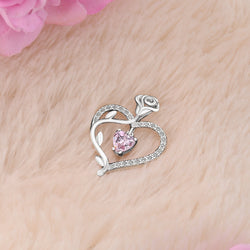 Sterling Silver Rose Heart Pendant with Pink CZ Pendant