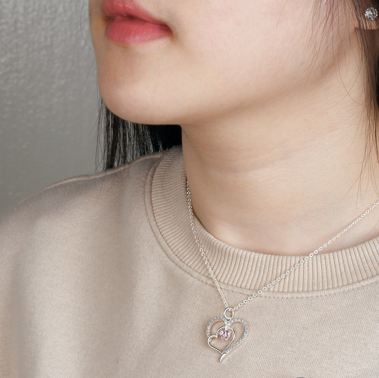 Triple Heart Necklace Sterling Silver with Pink CZ Pendant Necklace