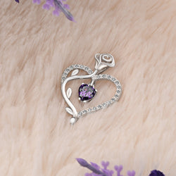 Sterling Silver Rose Heart Pendant with Purple CZ Pendant