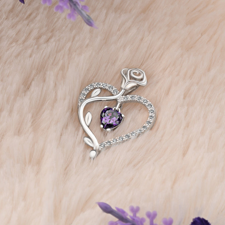 Sterling Silver Rose Heart Pendant with Purple CZ Pendant
