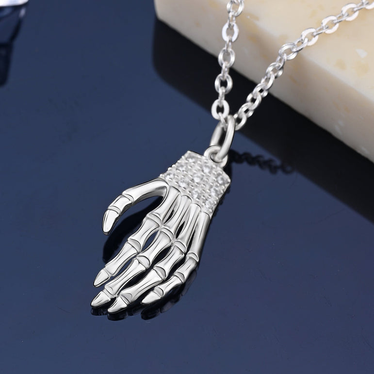 Sterling Silver Skeleton Hand Necklace Pendant Necklace