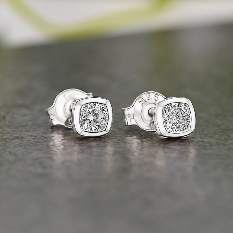 CZ Geometric Square Stud Earrings Sterling Silver Stud Earrings
